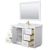 Miranda 54 Inch Single Bathroom Vanity In White, White Carrara Marble Countertop, Undermount Square Sink, Brushed Gold Trim, 46 Inch Mirror