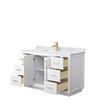Miranda 54 Inch Single Bathroom Vanity In White, White Carrara Marble Countertop, Undermount Square Sink, Brushed Gold Trim