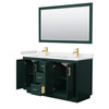 Miranda 60 Inch Double Bathroom Vanity In Green, White Cultured Marble Countertop, Undermount Square Sinks, Brushed Gold Trim, 58 Inch Mirror
