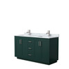Miranda 60 Inch Double Bathroom Vanity In Green, White Carrara Marble Countertop, Undermount Square Sinks, Brushed Nickel Trim