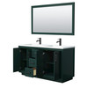 Miranda 60 Inch Double Bathroom Vanity In Green, 1.25 Inch Thick Matte White Solid Surface Countertop, Integrated Sinks, Matte Black Trim, 58 Inch Mirror
