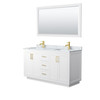 Miranda 60 Inch Double Bathroom Vanity In White, White Carrara Marble Countertop, Undermount Square Sinks, Brushed Gold Trim, 58 Inch Mirror