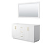 Miranda 60 Inch Double Bathroom Vanity In White, No Countertop, No Sink, Brushed Gold Trim, 58 Inch Mirror