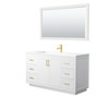 Miranda 60 Inch Single Bathroom Vanity In White, 1.25 Inch Thick Matte White Solid Surface Countertop, Integrated Sink, Brushed Gold Trim, 58 Inch Mirror