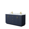 Miranda 66 Inch Double Bathroom Vanity In Dark Blue, White Carrara Marble Countertop, Undermount Square Sinks, Brushed Gold Trim