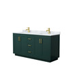 Miranda 66 Inch Double Bathroom Vanity In Green, White Carrara Marble Countertop, Undermount Square Sinks, Brushed Gold Trim