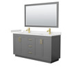 Miranda 66 Inch Double Bathroom Vanity In Dark Gray, Carrara Cultured Marble Countertop, Undermount Square Sinks, Brushed Gold Trim, 58 Inch Mirror