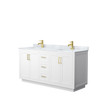 Miranda 66 Inch Double Bathroom Vanity In White, White Carrara Marble Countertop, Undermount Square Sinks, Brushed Gold Trim