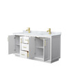 Miranda 66 Inch Double Bathroom Vanity In White, White Carrara Marble Countertop, Undermount Square Sinks, Brushed Gold Trim