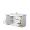 Miranda 66 Inch Single Bathroom Vanity In White, White Carrara Marble Countertop, Undermount Square Sink, Brushed Gold Trim