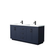 Miranda 72 Inch Double Bathroom Vanity In Dark Blue, 1.25 Inch Thick Matte White Solid Surface Countertop, Integrated Sinks, Matte Black Trim