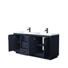 Miranda 72 Inch Double Bathroom Vanity In Dark Blue, 1.25 Inch Thick Matte White Solid Surface Countertop, Integrated Sinks, Matte Black Trim