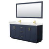 Miranda 72 Inch Double Bathroom Vanity In Dark Blue, Carrara Cultured Marble Countertop, Undermount Square Sinks, Brushed Gold Trim, 70 Inch Mirror