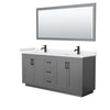 Miranda 72 Inch Double Bathroom Vanity In Dark Gray, White Cultured Marble Countertop, Undermount Square Sinks, Matte Black Trim, 70 Inch Mirror