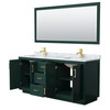 Miranda 72 Inch Double Bathroom Vanity In Green, White Carrara Marble Countertop, Undermount Square Sinks, Brushed Gold Trim, 70 Inch Mirror