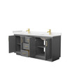 Miranda 72 Inch Double Bathroom Vanity In Dark Gray, Carrara Cultured Marble Countertop, Undermount Square Sinks, Brushed Gold Trim