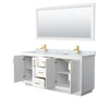 Miranda 72 Inch Double Bathroom Vanity In White, White Carrara Marble Countertop, Undermount Square Sinks, Brushed Gold Trim, 70 Inch Mirror