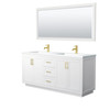 Miranda 72 Inch Double Bathroom Vanity In White, 1.25 Inch Thick Matte White Solid Surface Countertop, Integrated Sinks, Brushed Gold Trim, 70 Inch Mirror