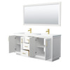 Miranda 72 Inch Double Bathroom Vanity In White, 1.25 Inch Thick Matte White Solid Surface Countertop, Integrated Sinks, Brushed Gold Trim, 70 Inch Mirror