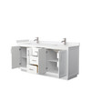 Miranda 72 Inch Double Bathroom Vanity In White, Carrara Cultured Marble Countertop, Undermount Square Sinks, Brushed Nickel Trim
