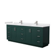 Miranda 84 Inch Double Bathroom Vanity In Green, White Cultured Marble Countertop, Undermount Square Sinks, Brushed Nickel Trim
