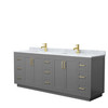 Miranda 84 Inch Double Bathroom Vanity In Dark Gray, White Carrara Marble Countertop, Undermount Square Sinks, Brushed Gold Trim