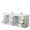 Miranda 84 Inch Double Bathroom Vanity In White, Carrara Cultured Marble Countertop, Undermount Square Sinks, Brushed Gold Trim