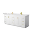 Miranda 84 Inch Double Bathroom Vanity In White, White Cultured Marble Countertop, Undermount Square Sinks, Brushed Gold Trim