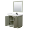 Strada 36 Inch Single Bathroom Vanity In Light Green, White Cultured Marble Countertop, Undermount Square Sink, Matte Black Trim, 34 Inch Mirror