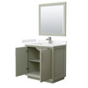 Strada 36 Inch Single Bathroom Vanity In Light Green, Carrara Cultured Marble Countertop, Undermount Square Sink, Brushed Nickel Trim, 34 Inch Mirror