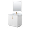 Strada 36 Inch Single Bathroom Vanity In White, White Carrara Marble Countertop, Undermount Square Sink, Satin Bronze Trim, 34 Inch Mirror