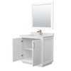 Strada 36 Inch Single Bathroom Vanity In White, White Carrara Marble Countertop, Undermount Square Sink, Satin Bronze Trim, 34 Inch Mirror