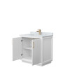 Strada 36 Inch Single Bathroom Vanity In White, White Carrara Marble Countertop, Undermount Square Sink, Satin Bronze Trim
