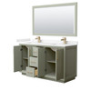 Strada 60 Inch Double Bathroom Vanity In Light Green, Carrara Cultured Marble Countertop, Undermount Square Sinks, Satin Bronze Trim, 58 Inch Mirror