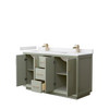 Strada 60 Inch Double Bathroom Vanity In Light Green, White Cultured Marble Countertop, Undermount Square Sinks, Satin Bronze Trim