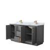 Strada 66 Inch Double Bathroom Vanity In Dark Gray, White Carrara Marble Countertop, Undermount Square Sink, Satin Bronze Trim