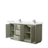 Strada 66 Inch Double Bathroom Vanity In Light Green, Carrara Cultured Marble Countertop, Undermount Square Sinks, Brushed Nickel Trim