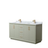 Strada 66 Inch Double Bathroom Vanity In Light Green, White Carrara Marble Countertop, Undermount Square Sinks, Satin Bronze Trim