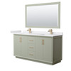 Strada 66 Inch Double Bathroom Vanity In Light Green, White Cultured Marble Countertop, Undermount Square Sinks, Satin Bronze Trim, 58 Inch Mirror