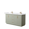 Strada 66 Inch Double Bathroom Vanity In Light Green, White Cultured Marble Countertop, Undermount Square Sinks, Satin Bronze Trim