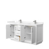 Strada 66 Inch Double Bathroom Vanity In White, Carrara Cultured Marble Countertop, Undermount Square Sink, Brushed Nickel Trim