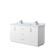 Strada 66 Inch Double Bathroom Vanity In White, White Carrara Marble Countertop, Undermount Square Sink, Brushed Nickel Trim