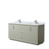 Strada 72 Inch Double Bathroom Vanity In Light Green, White Carrara Marble Countertop, Undermount Square Sinks, Brushed Nickel Trim