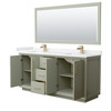 Strada 72 Inch Double Bathroom Vanity In Light Green, Carrara Cultured Marble Countertop, Undermount Square Sinks, Satin Bronze Trim, 70 Inch Mirror