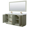 Strada 72 Inch Double Bathroom Vanity In Light Green, White Carrara Marble Countertop, Undermount Square Sinks, Satin Bronze Trim, 70 Inch Mirror