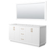 Strada 72 Inch Double Bathroom Vanity In White, No Countertop, No Sink, Satin Bronze Trim, 70 Inch Mirror