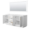 Strada 72 Inch Double Bathroom Vanity In White, No Countertop, No Sink, Satin Bronze Trim, 70 Inch Mirror