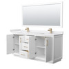Strada 72 Inch Double Bathroom Vanity In White, White Cultured Marble Countertop, Undermount Square Sink, Satin Bronze Trim, 70 Inch Mirror