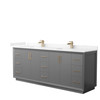 Strada 84 Inch Double Bathroom Vanity In Dark Gray, Carrara Cultured Marble Countertop, Undermount Square Sink, Satin Bronze Trim