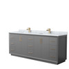 Strada 84 Inch Double Bathroom Vanity In Dark Gray, White Carrara Marble Countertop, Undermount Square Sink, Satin Bronze Trim